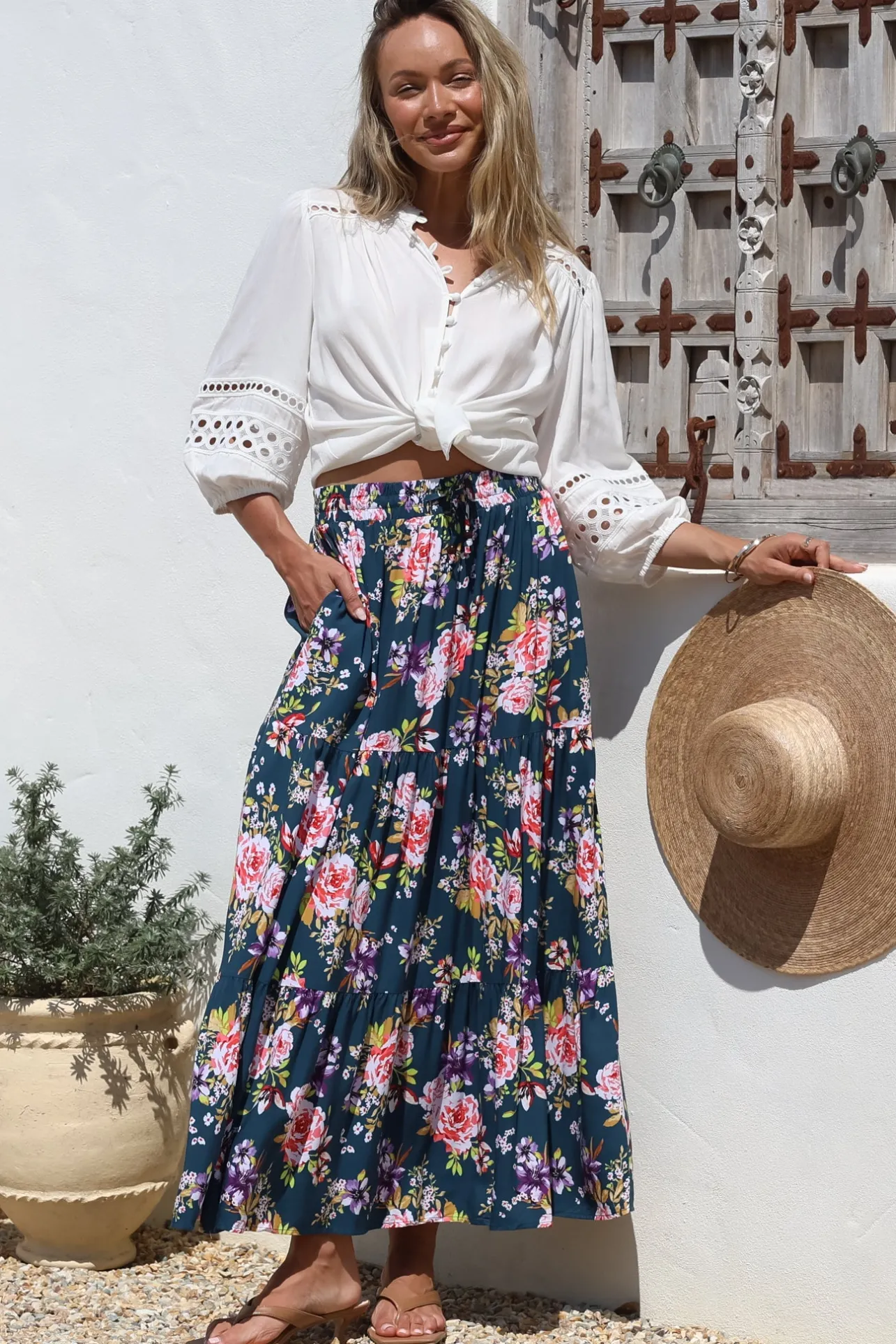Lucien Maxi Skirt - High Waisted Tiered Skirt in Virginia Print Navy>Salty Crush Hot