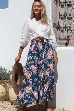 Lucien Maxi Skirt - High Waisted Tiered Skirt in Virginia Print Navy><noscript><img width=