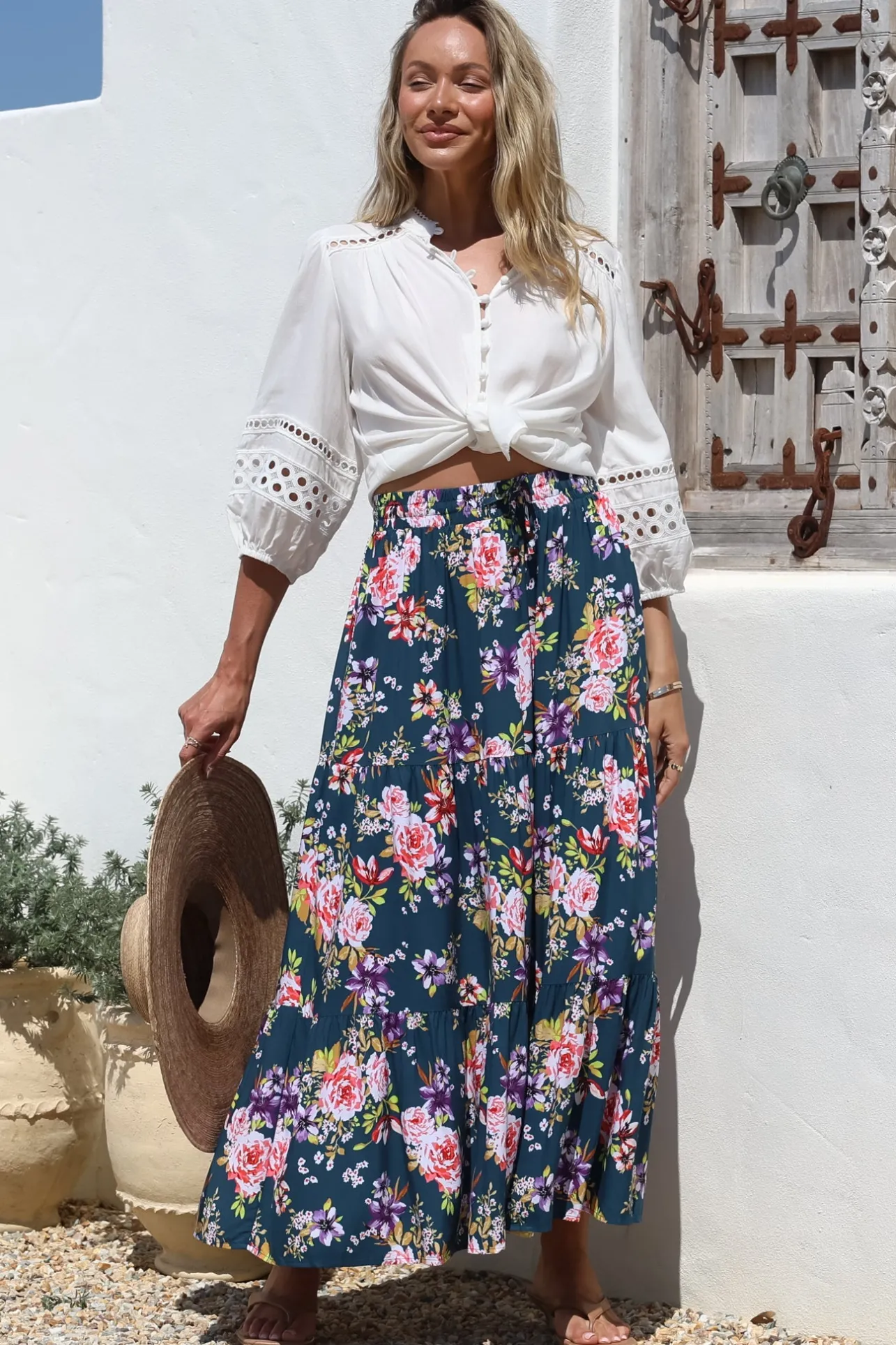 Lucien Maxi Skirt - High Waisted Tiered Skirt in Virginia Print Navy>Salty Crush Hot
