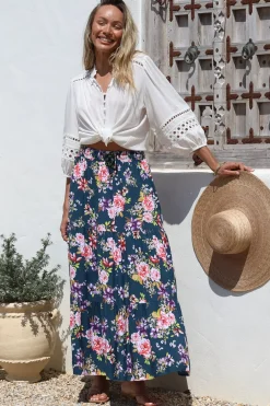 Lucien Maxi Skirt - High Waisted Tiered Skirt in Virginia Print Navy><noscript><img width=