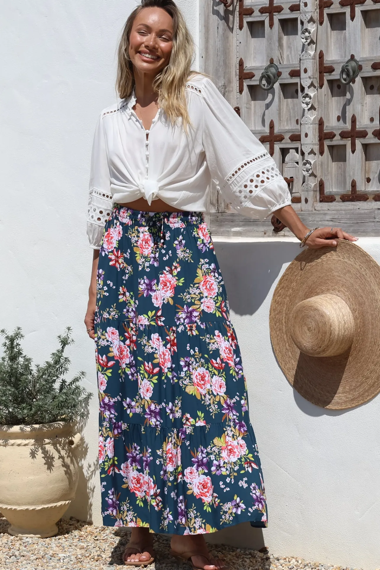 Lucien Maxi Skirt - High Waisted Tiered Skirt in Virginia Print Navy>Salty Crush Hot