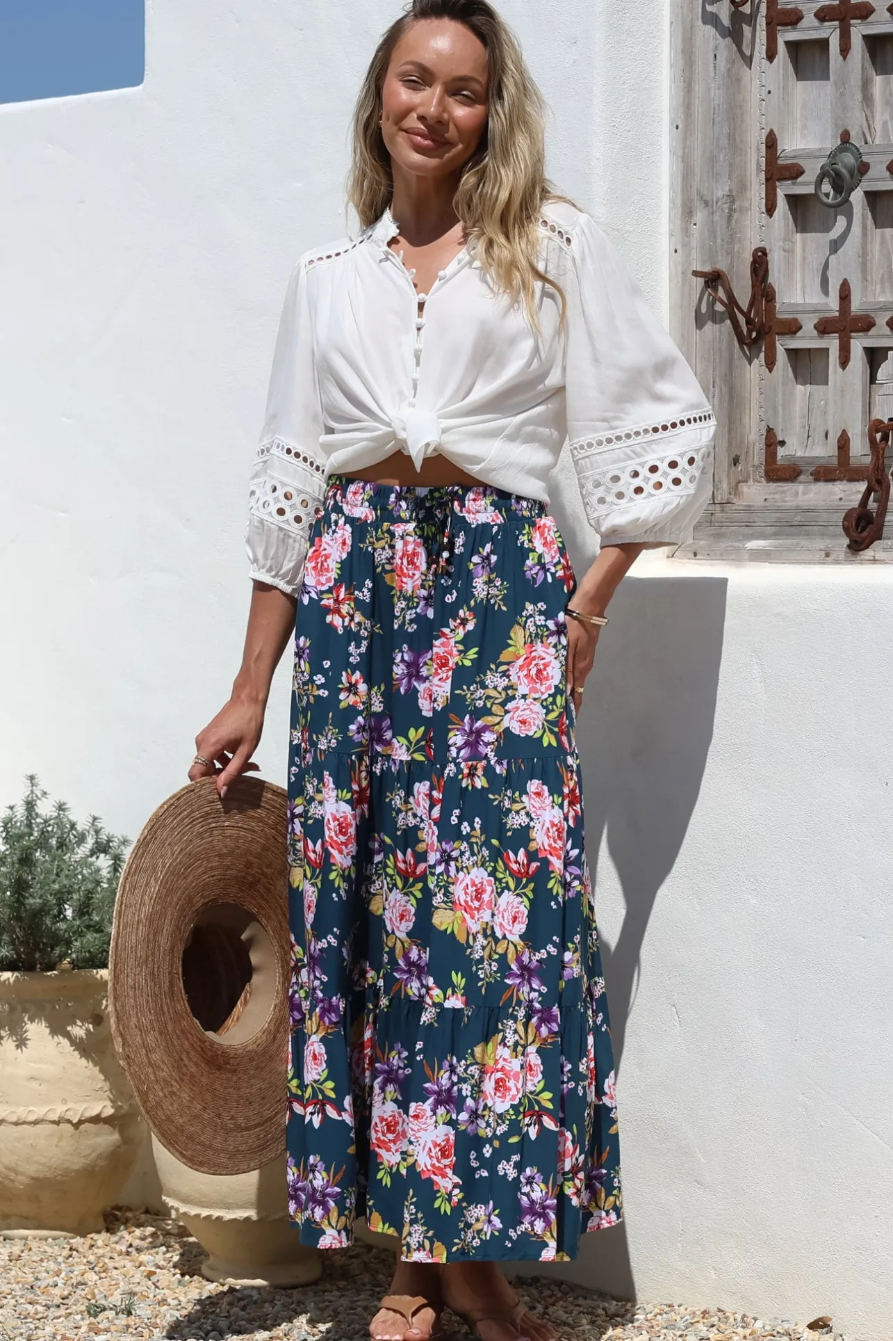 Lucien Maxi Skirt - High Waisted Tiered Skirt in Virginia Print Navy>Salty Crush Hot