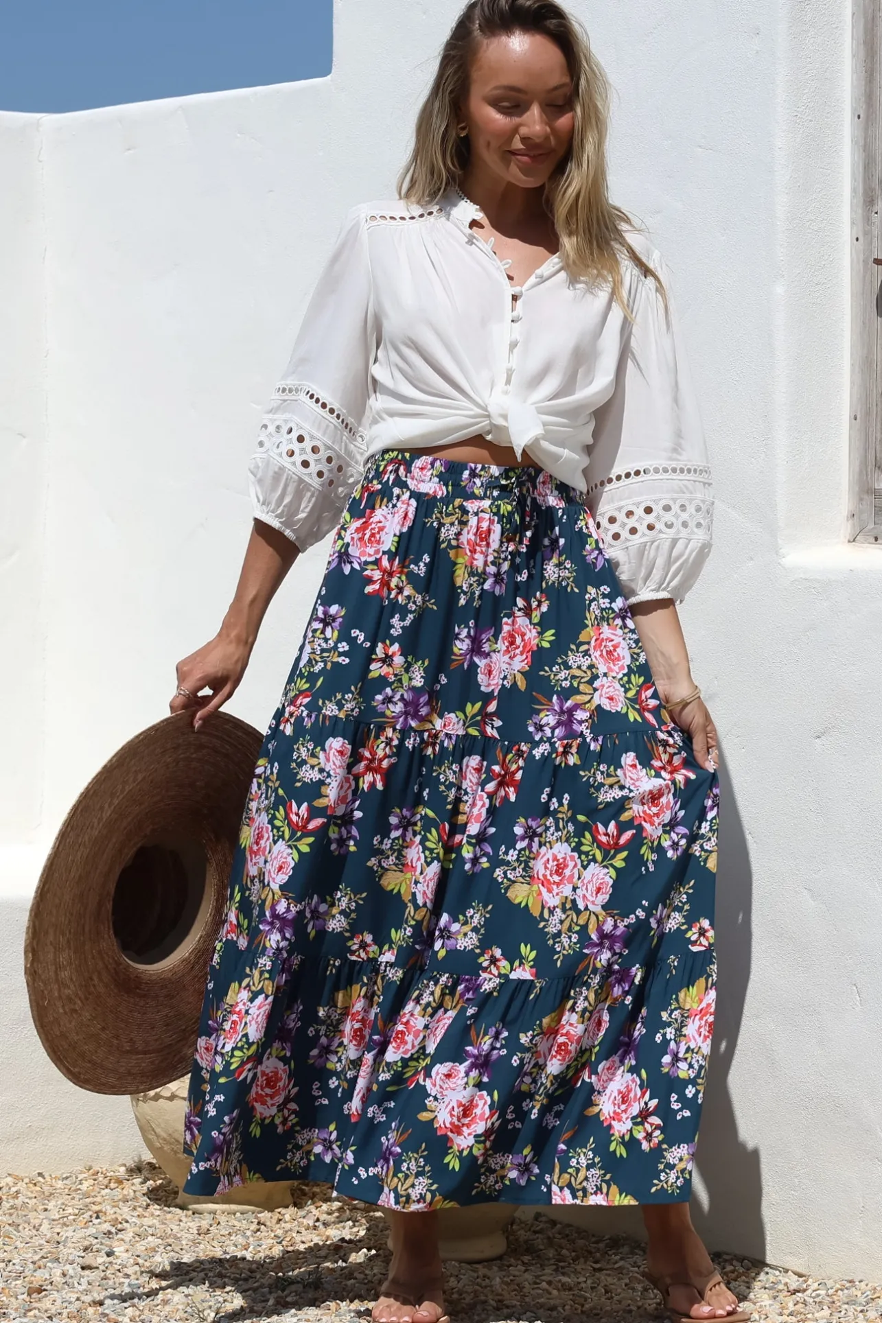 Lucien Maxi Skirt - High Waisted Tiered Skirt in Virginia Print Navy>Salty Crush Hot