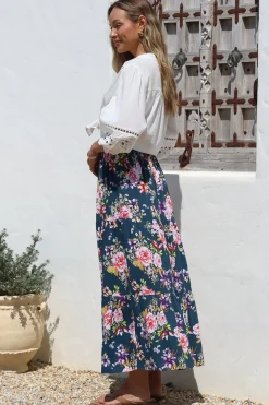 Lucien Maxi Skirt - High Waisted Tiered Skirt in Virginia Print Navy><noscript><img width=