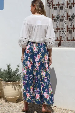 Lucien Maxi Skirt - High Waisted Tiered Skirt in Virginia Print Navy><noscript><img width=