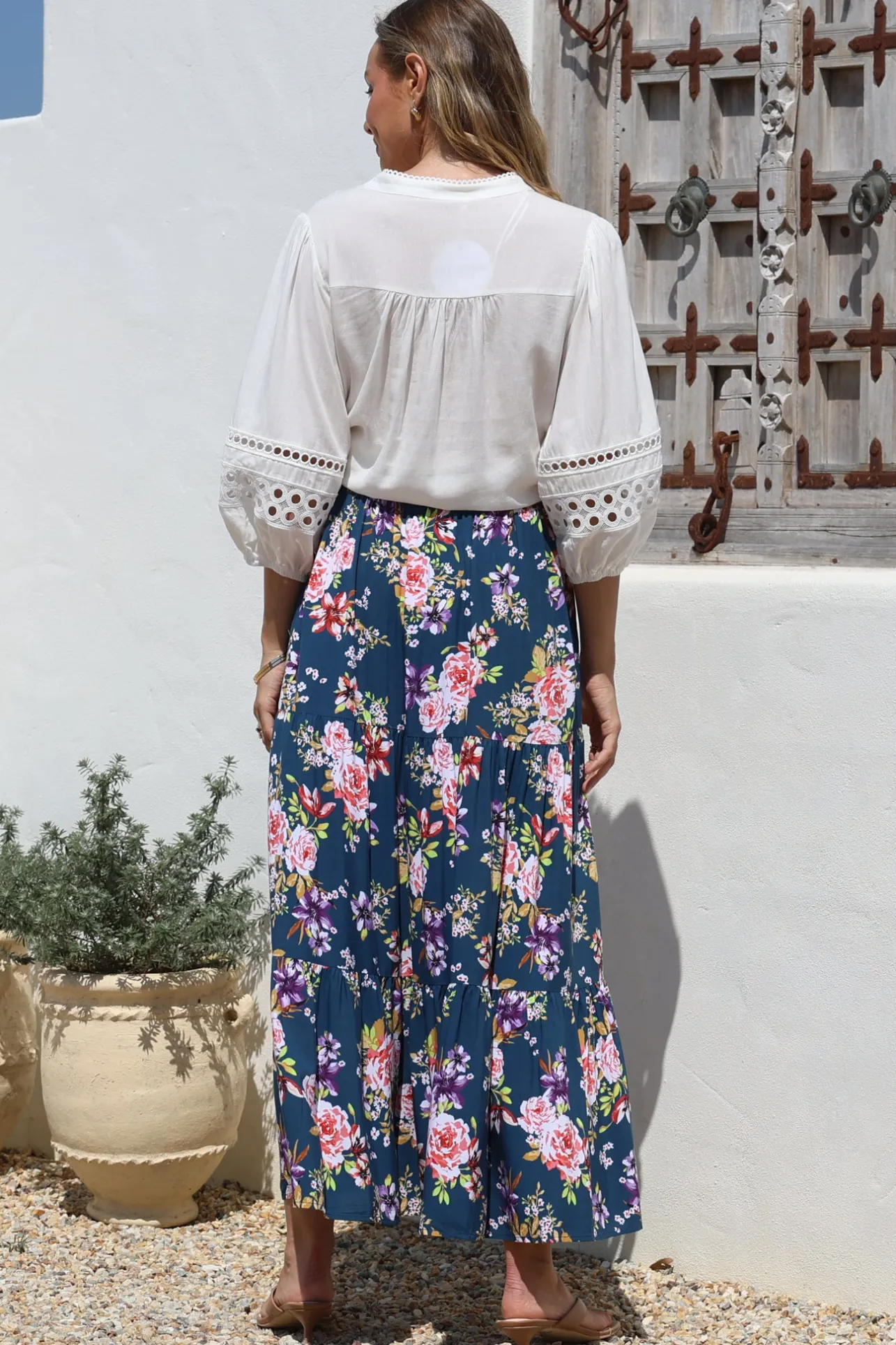 Lucien Maxi Skirt - High Waisted Tiered Skirt in Virginia Print Navy>Salty Crush Hot