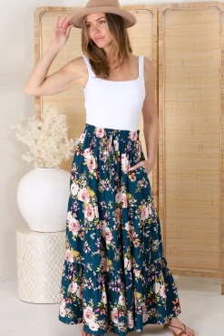 Lucien Maxi Skirt - High Waisted Tiered Skirt in Virginia Print Navy><noscript><img width=