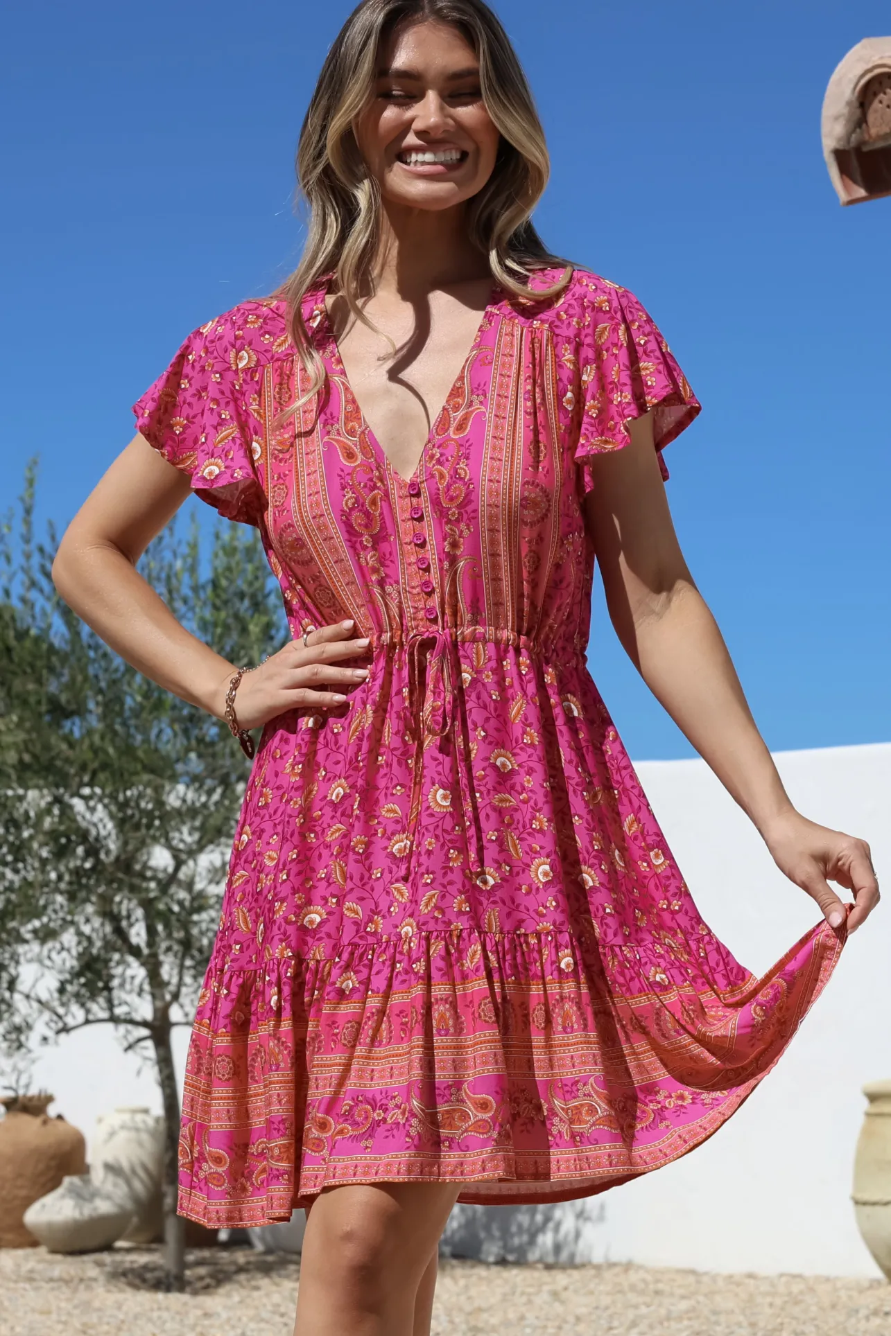 Lucille Mini Dress - Cap Sleeve A Line Dress in Quinne Print>Salty Crush Clearance