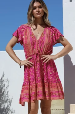 Lucille Mini Dress - Cap Sleeve A Line Dress in Quinne Print>Salty Crush Clearance