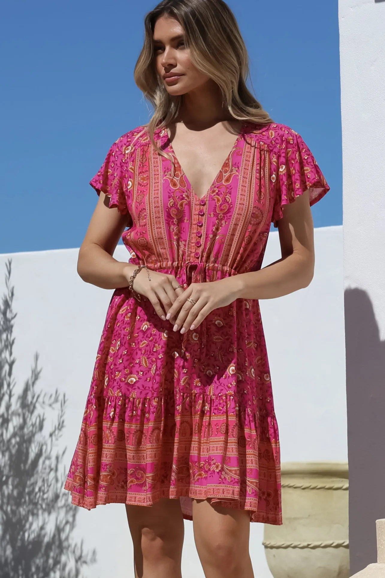 Lucille Mini Dress - Cap Sleeve A Line Dress in Quinne Print>Salty Crush Clearance
