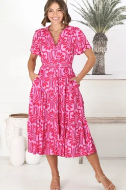 Luvira Midi Dress - Button Down Collared Dress With Statement Belt In Pink>Salty Crush Outlet
