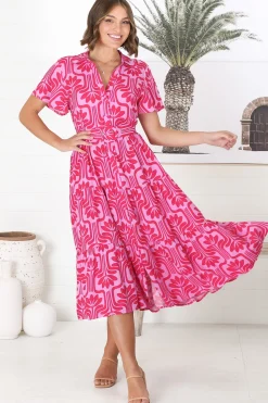 Luvira Midi Dress - Button Down Collared Dress With Statement Belt In Pink>Salty Crush Outlet