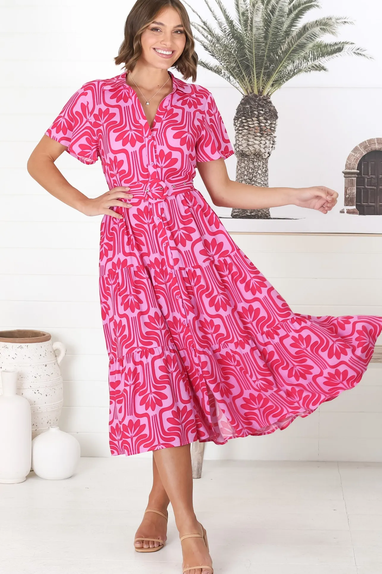 Luvira Midi Dress - Button Down Collared Dress With Statement Belt In Pink>Salty Crush Outlet