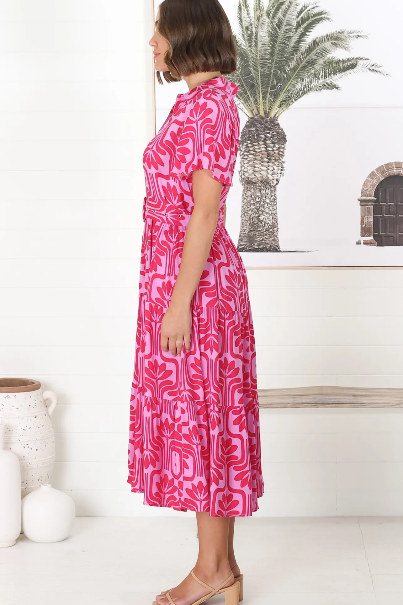 Luvira Midi Dress - Button Down Collared Dress With Statement Belt In Pink>Salty Crush Outlet