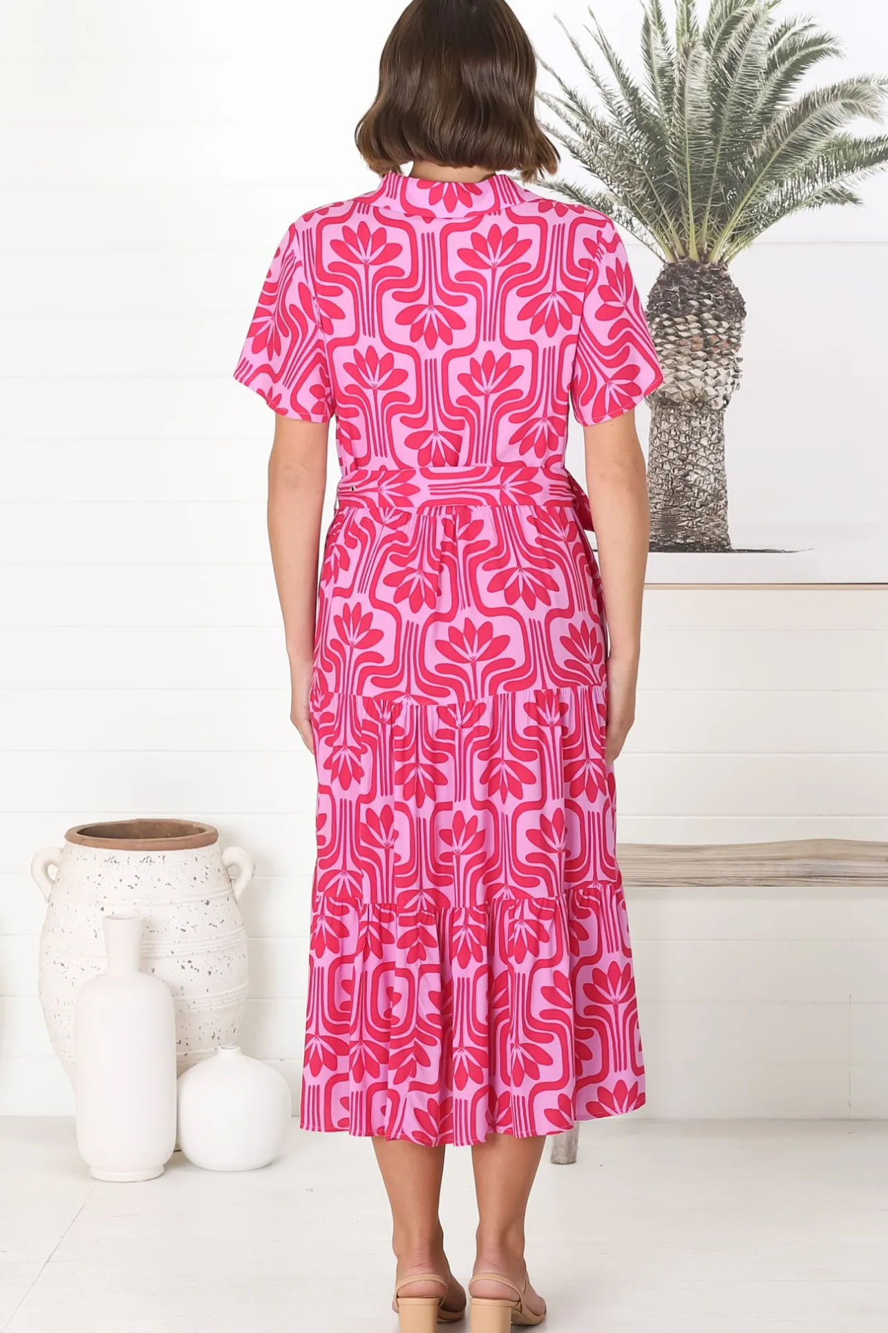 Luvira Midi Dress - Button Down Collared Dress With Statement Belt In Pink>Salty Crush Outlet