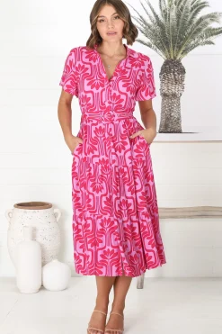 Luvira Midi Dress - Button Down Collared Dress With Statement Belt In Pink><noscript><img width=