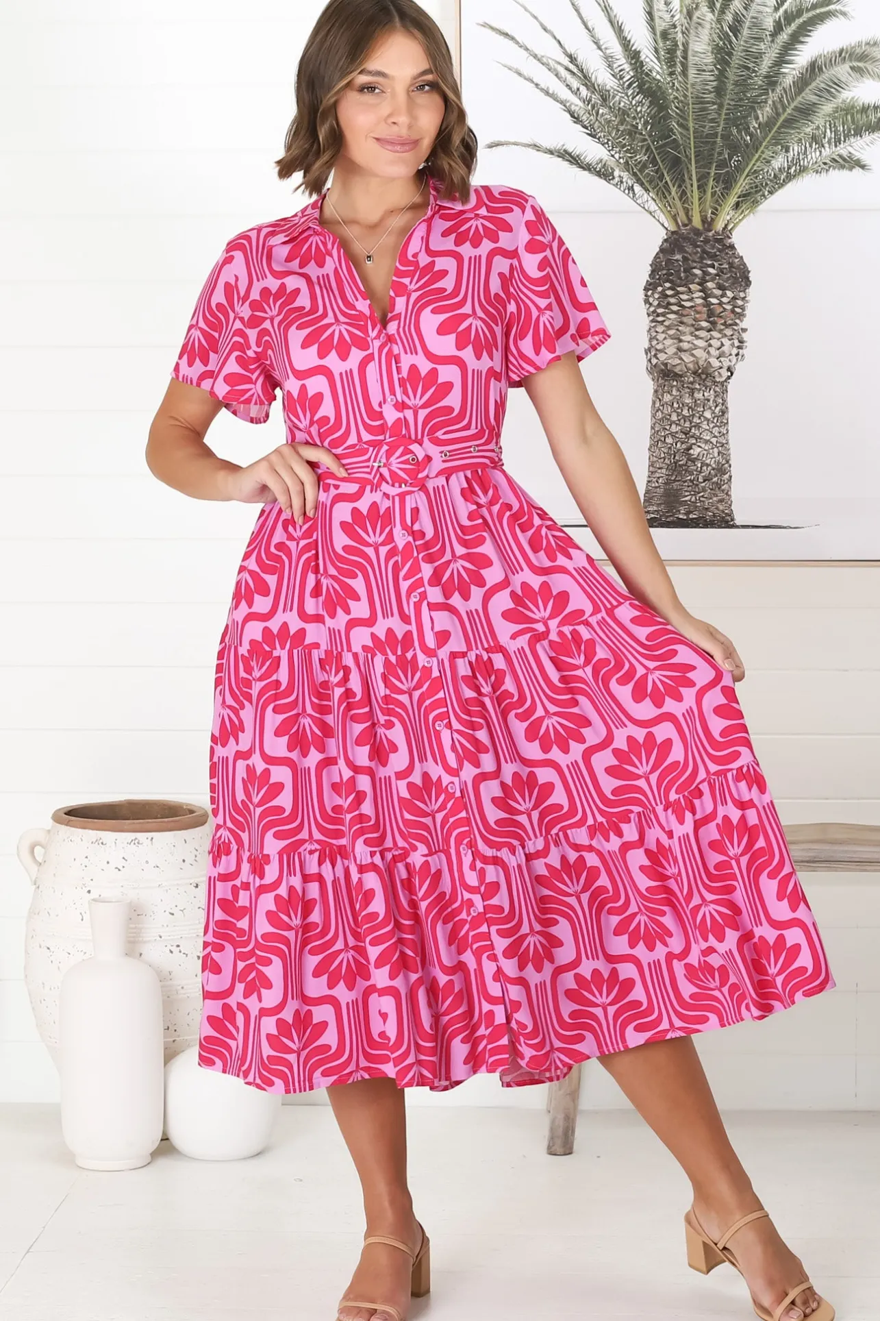 Luvira Midi Dress - Button Down Collared Dress With Statement Belt In Pink>Salty Crush Outlet