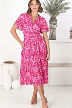 Luvira Midi Dress - Button Down Collared Dress With Statement Belt In Pink><noscript><img width=