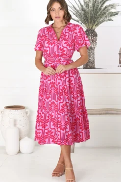 Luvira Midi Dress - Button Down Collared Dress With Statement Belt In Pink><noscript><img width=