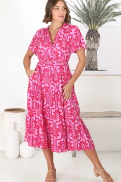 Luvira Midi Dress - Button Down Collared Dress With Statement Belt In Pink><noscript><img width=