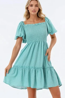 Lyn Mini Dress - On or Off Shoulder Shirred Bodice Mini Dress in Airin Print>Salty Crush Sale