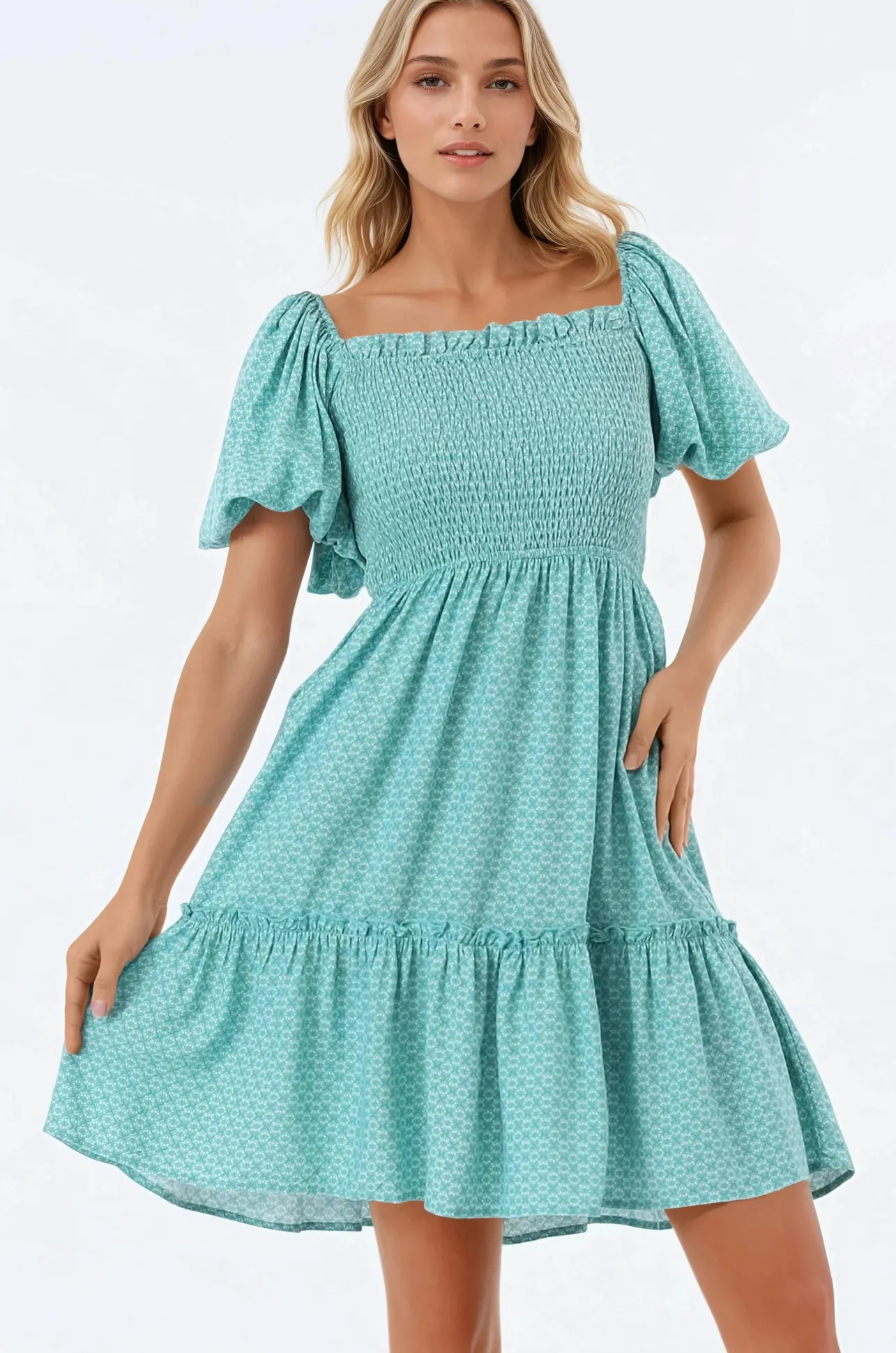Lyn Mini Dress - On or Off Shoulder Shirred Bodice Mini Dress in Airin Print>Salty Crush Sale