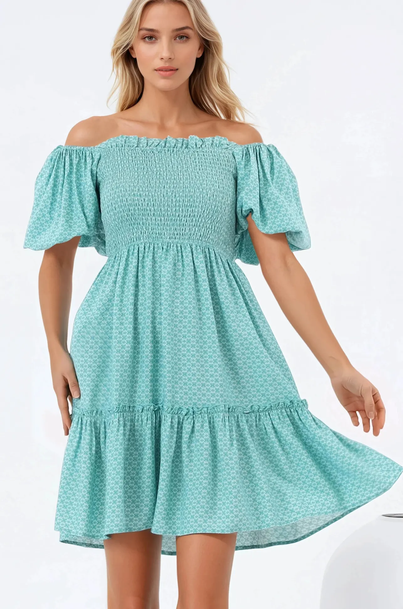 Lyn Mini Dress - On or Off Shoulder Shirred Bodice Mini Dress in Airin Print>Salty Crush Sale