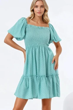 Lyn Mini Dress - On or Off Shoulder Shirred Bodice Mini Dress in Airin Print><noscript><img width=