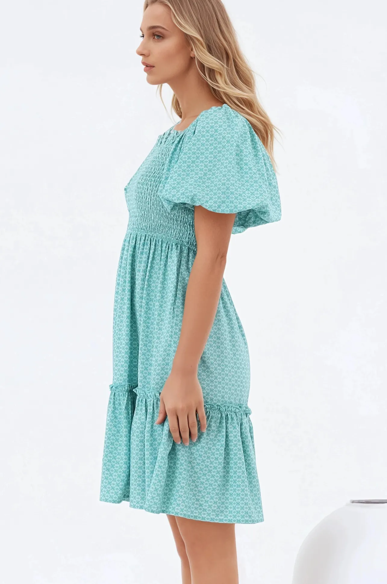 Lyn Mini Dress - On or Off Shoulder Shirred Bodice Mini Dress in Airin Print>Salty Crush Sale