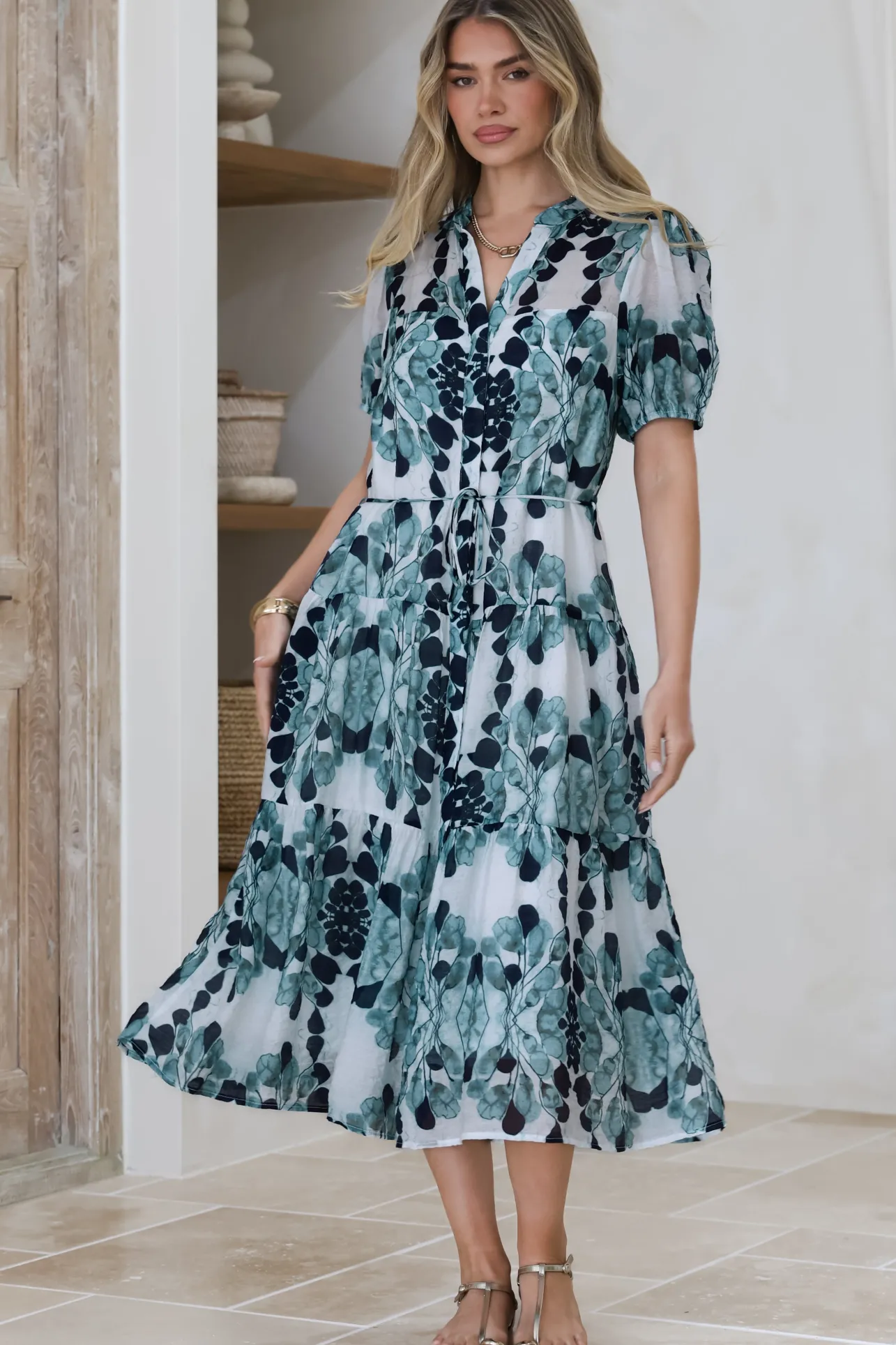 Lysa Midi Dress - Mandarin Collar Button Down Dress with Waist Tie in Calea Print Blue>Salty Crush Online