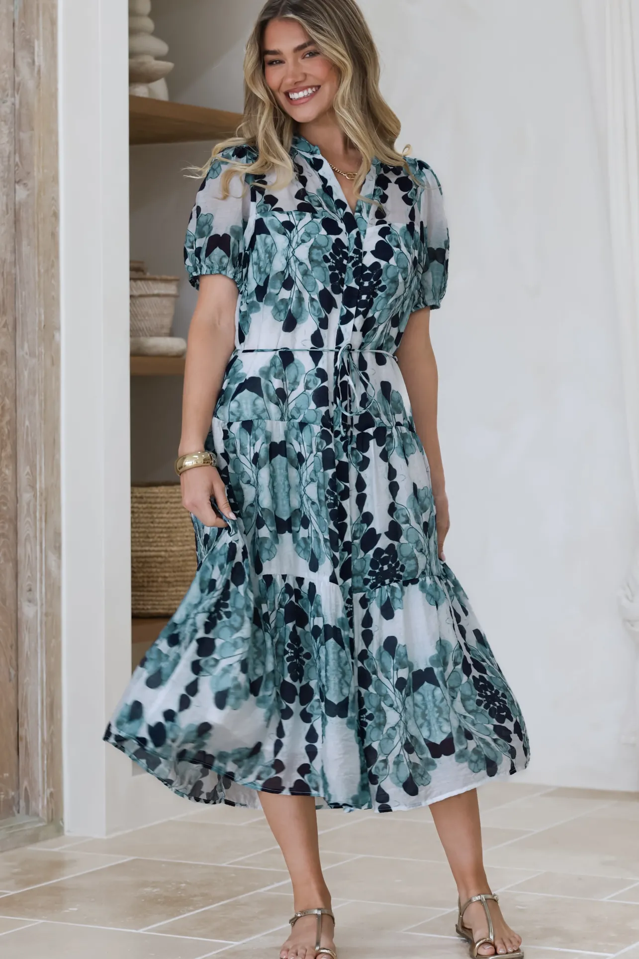 Lysa Midi Dress - Mandarin Collar Button Down Dress with Waist Tie in Calea Print Blue>Salty Crush Online