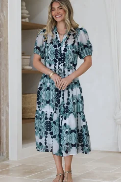 Lysa Midi Dress - Mandarin Collar Button Down Dress with Waist Tie in Calea Print Blue><noscript><img width=
