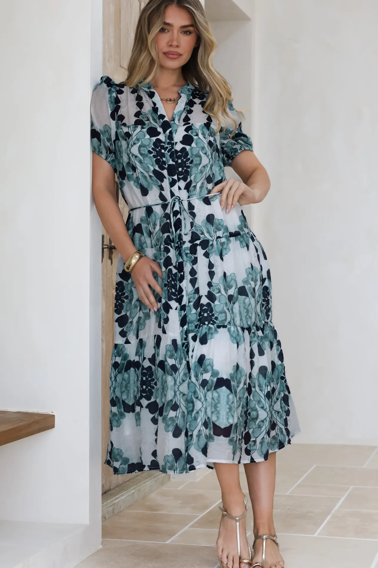 Lysa Midi Dress - Mandarin Collar Button Down Dress with Waist Tie in Calea Print Blue>Salty Crush Online