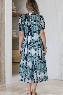 Lysa Midi Dress - Mandarin Collar Button Down Dress with Waist Tie in Calea Print Blue><noscript><img width=