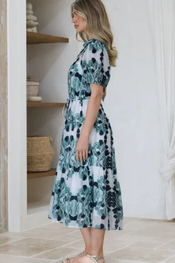 Lysa Midi Dress - Mandarin Collar Button Down Dress with Waist Tie in Calea Print Blue><noscript><img width=