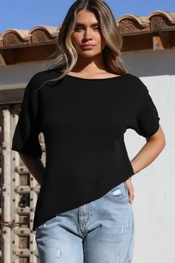 Lysandra Knit Top - Slouchy Asymmetrical Neckline Top in Black>Salty Crush Sale