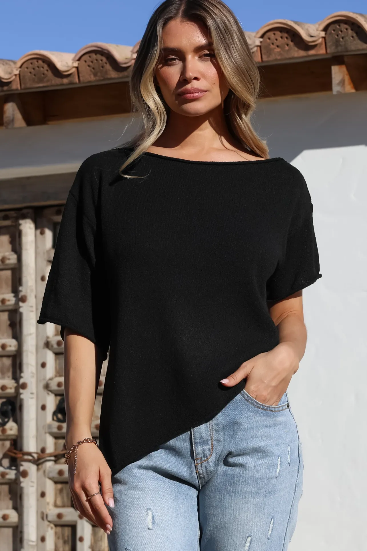 Lysandra Knit Top - Slouchy Asymmetrical Neckline Top in Black>Salty Crush Sale