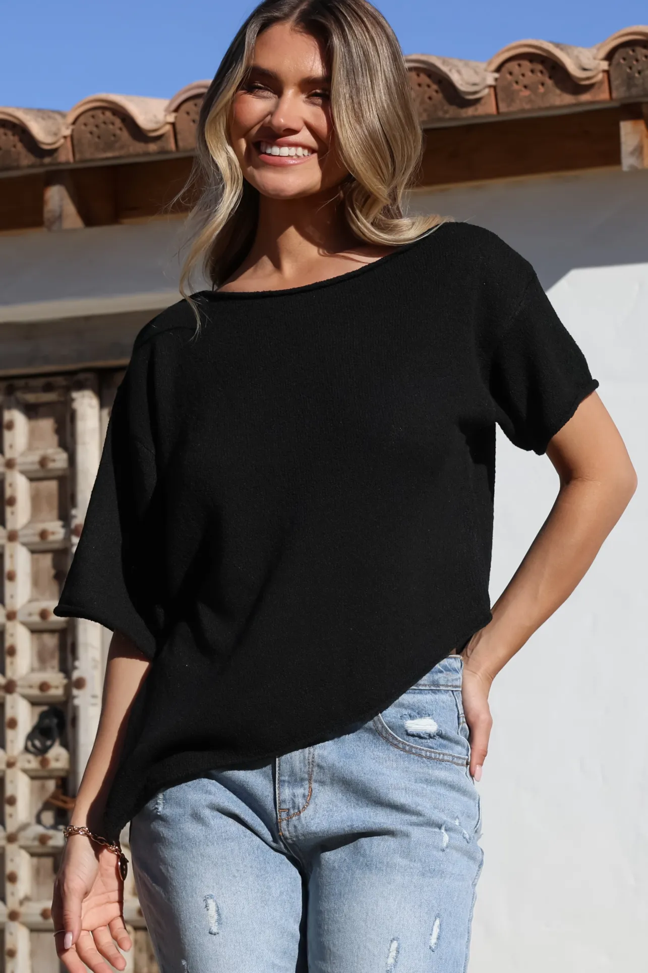 Lysandra Knit Top - Slouchy Asymmetrical Neckline Top in Black>Salty Crush Sale