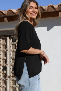 Lysandra Knit Top - Slouchy Asymmetrical Neckline Top in Black><noscript><img width=