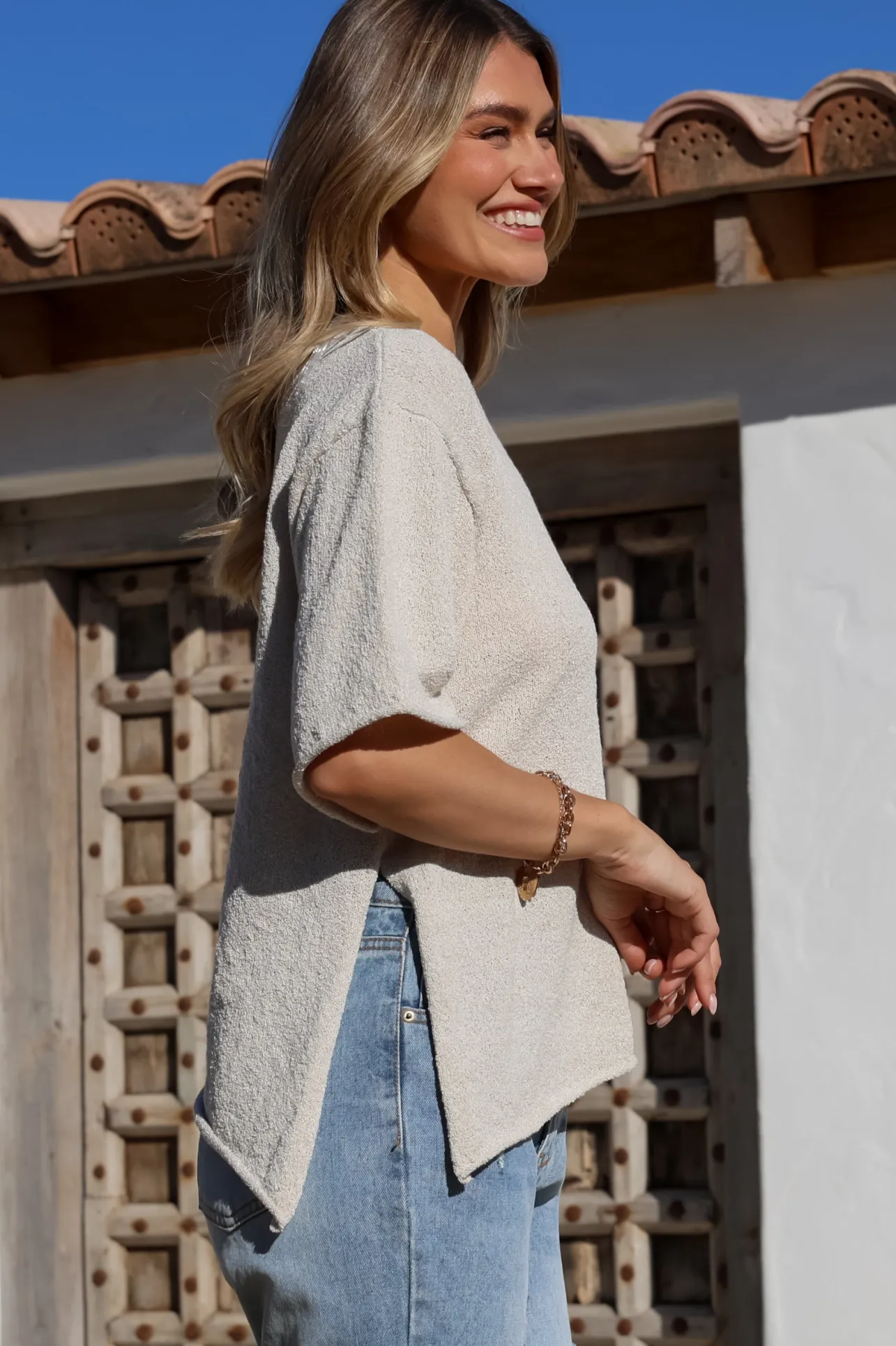 Lysandra Knit Top - Slouchy Asymmetrical Neckline Top in Oat>Salty Crush Discount