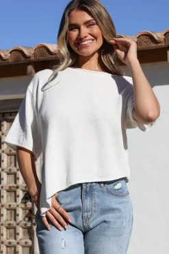 Lysandra Knit Top - Slouchy Asymmetrical Neckline Top in White><noscript><img width=