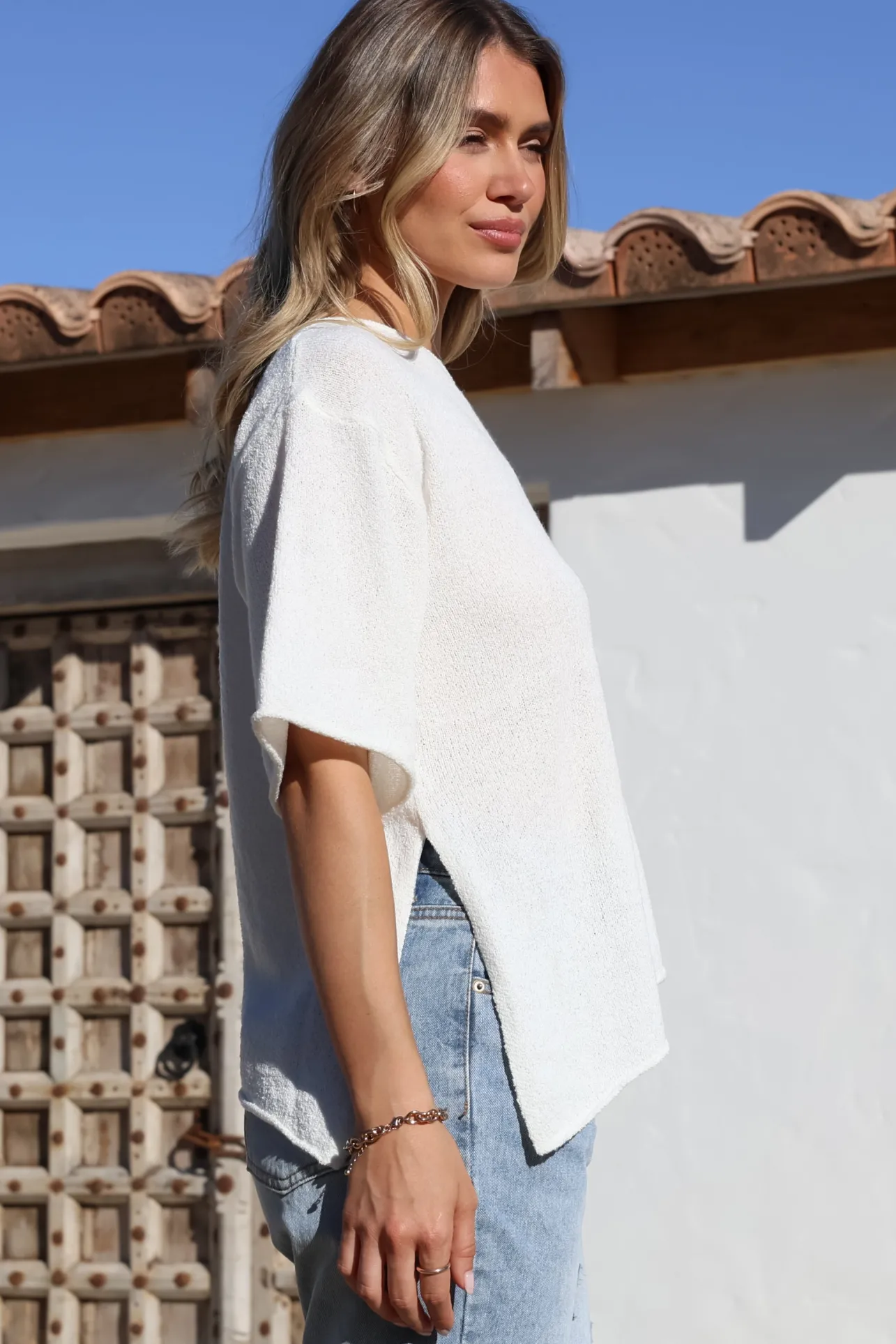 Lysandra Knit Top - Slouchy Asymmetrical Neckline Top in White>Salty Crush New