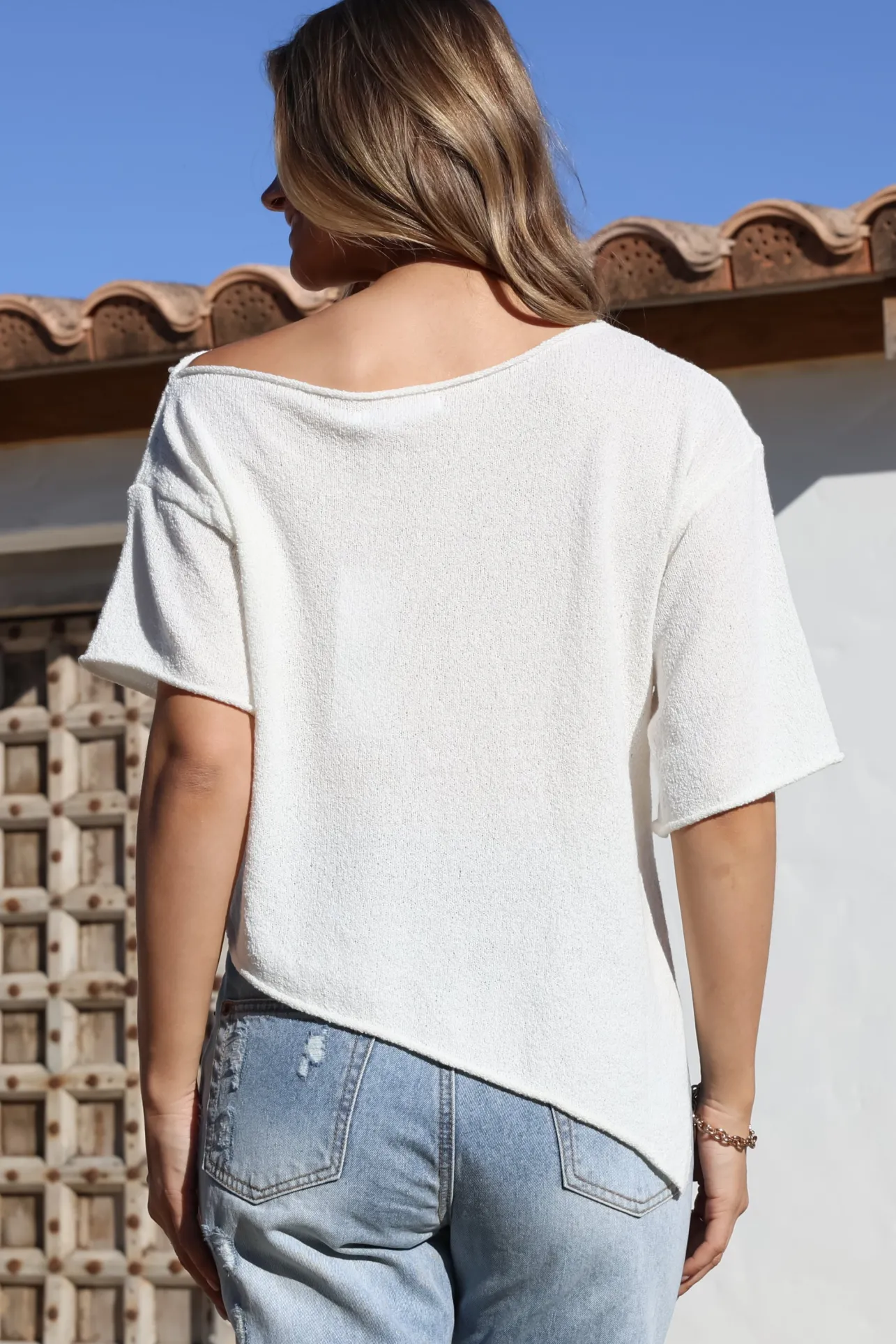 Lysandra Knit Top - Slouchy Asymmetrical Neckline Top in White>Salty Crush New