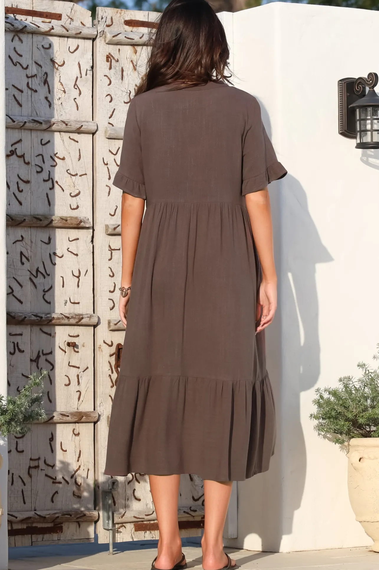 Madalena Midi Dress - Mandarin Collar Buttoned Bodice Smock Dress in Mocha>Salty Crush Outlet