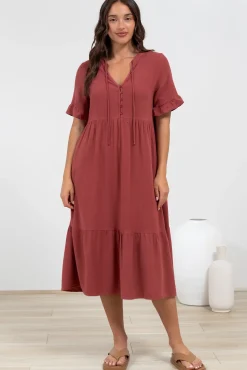 Madalena Midi Dress - Mandarin Collar Buttoned Bodice Smock Dress in Terracotta>Salty Crush