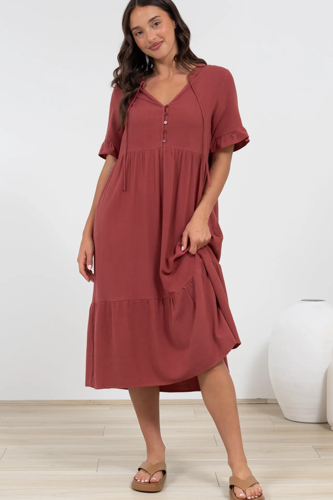 Madalena Midi Dress - Mandarin Collar Buttoned Bodice Smock Dress in Terracotta>Salty Crush