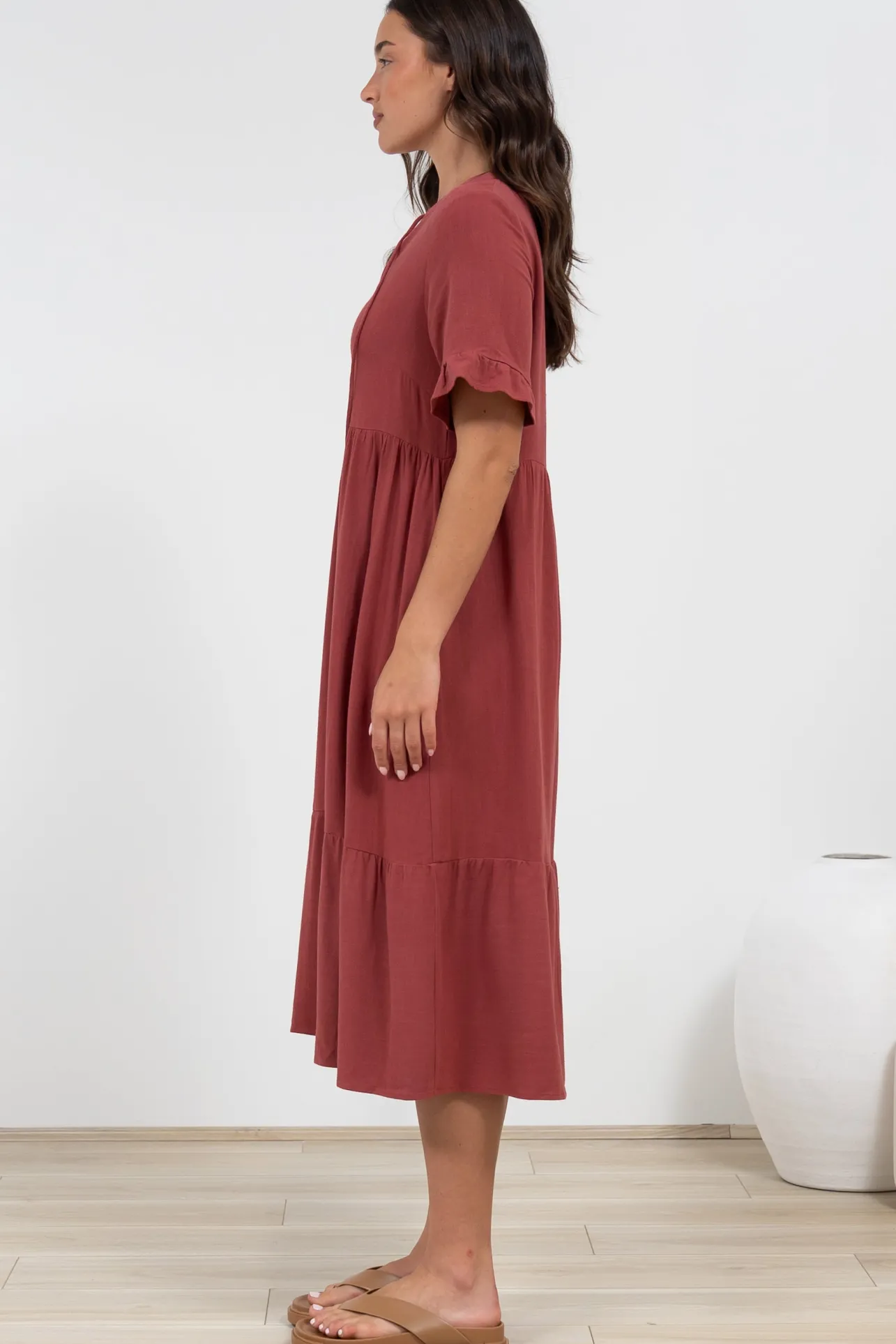 Madalena Midi Dress - Mandarin Collar Buttoned Bodice Smock Dress in Terracotta>Salty Crush