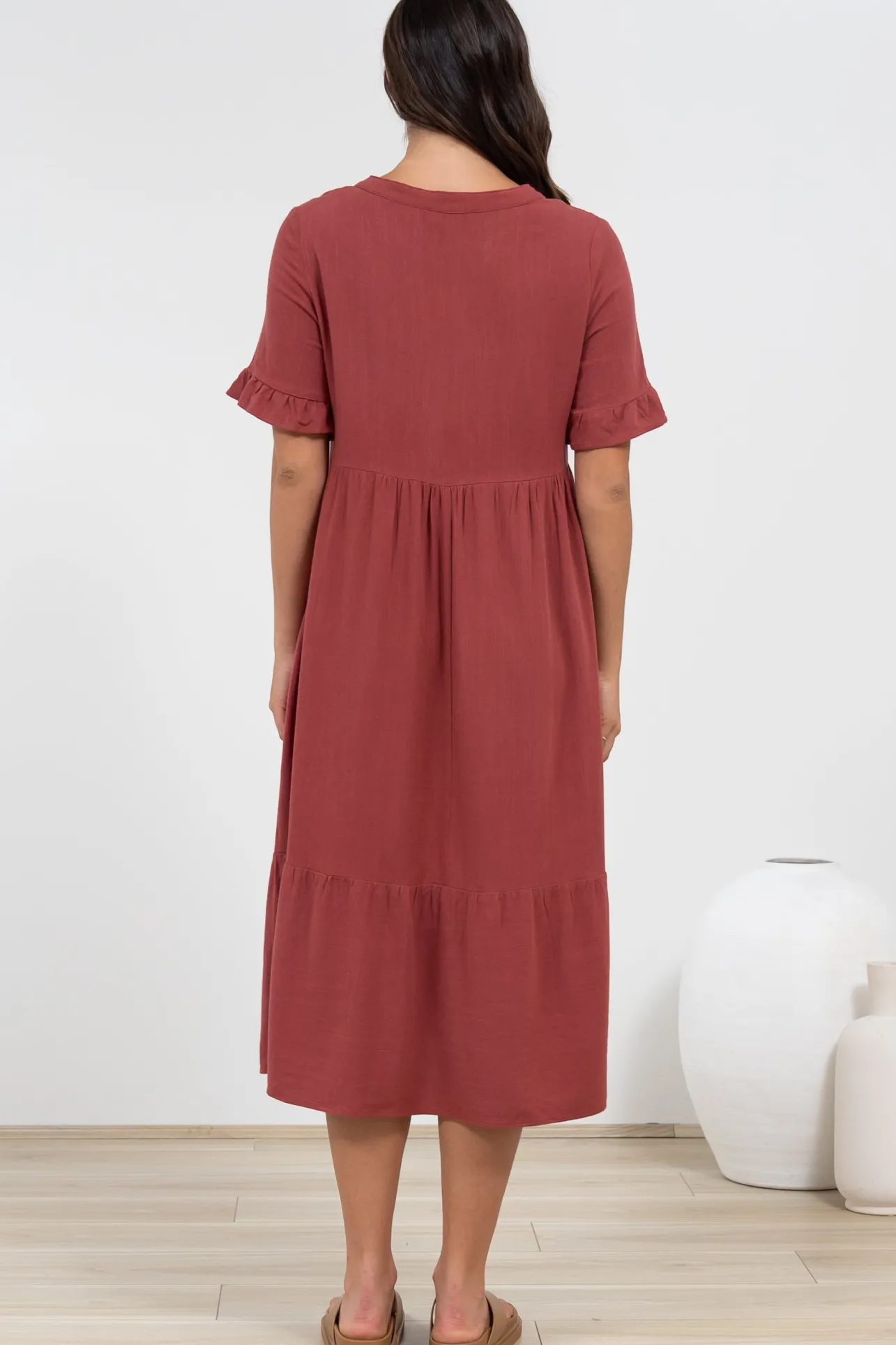 Madalena Midi Dress - Mandarin Collar Buttoned Bodice Smock Dress in Terracotta>Salty Crush