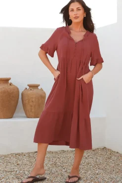 Madalena Midi Dress - Mandarin Collar Buttoned Bodice Smock Dress in Terracotta><noscript><img width=