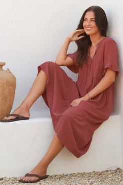 Madalena Midi Dress - Mandarin Collar Buttoned Bodice Smock Dress in Terracotta><noscript><img width=